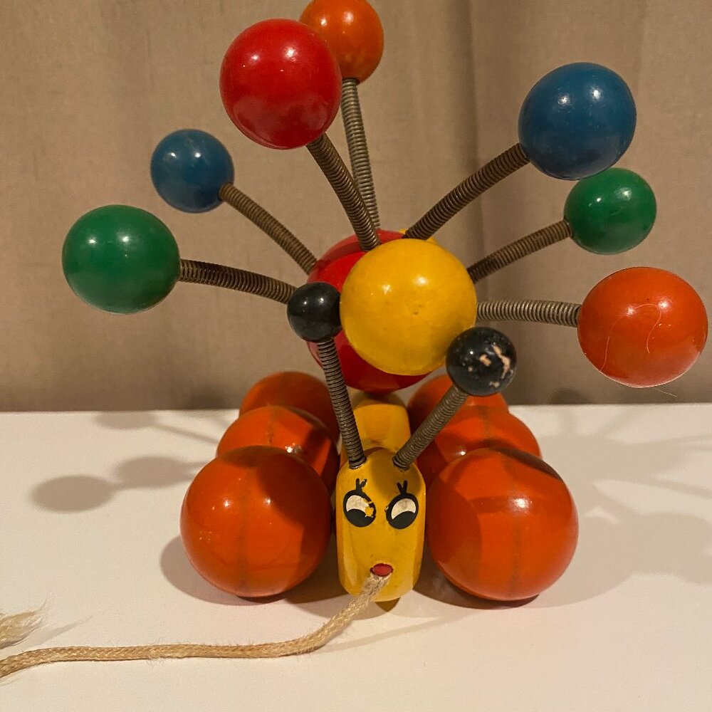 Vintage Kouvaliaz Wooden Pull‎ Toy – Colorful Balls on Springs – Made in Greece
